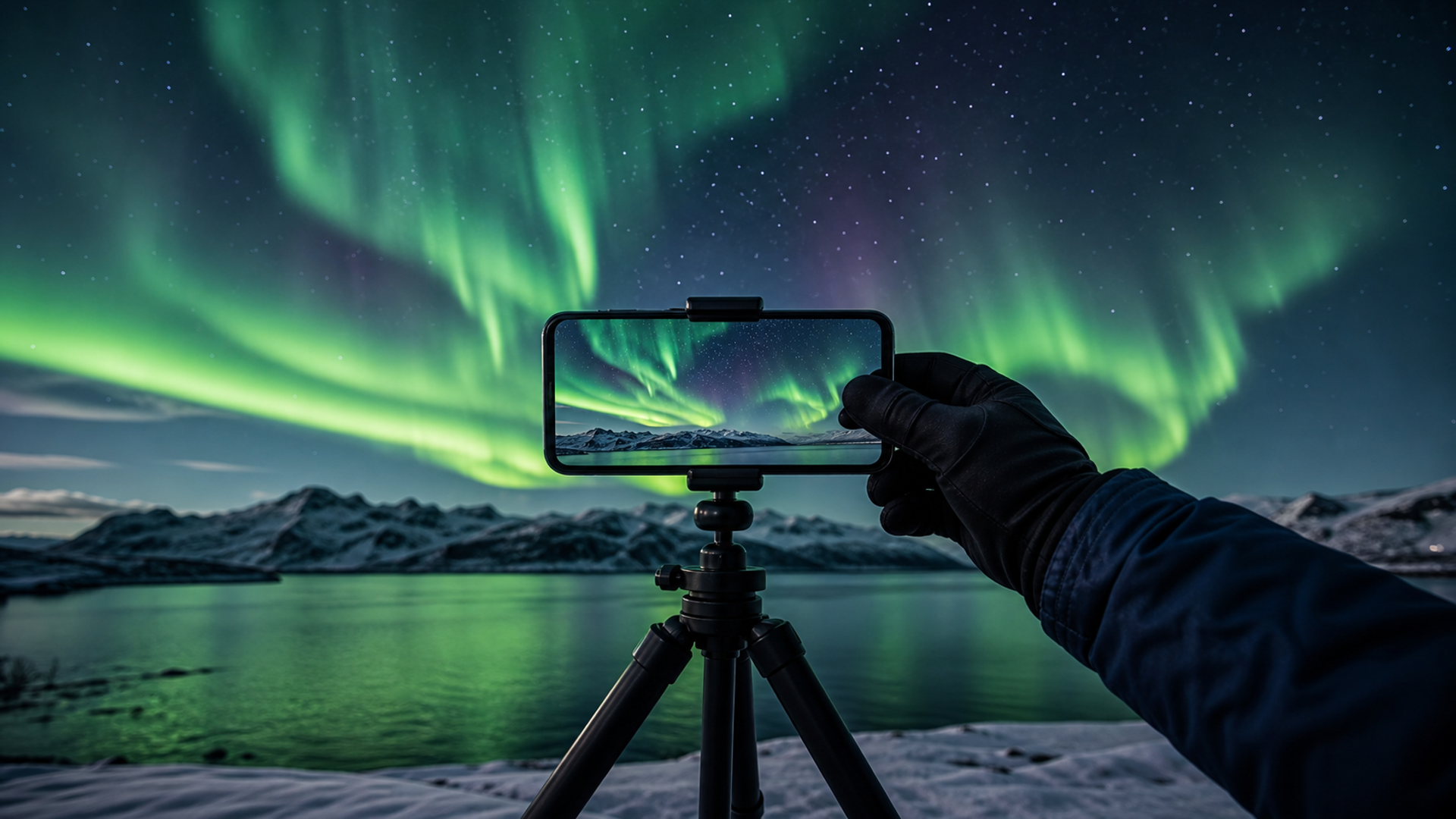 A phone secured on a compact tripod photographing moving green aurora above a dark snowy landscape