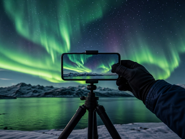 A phone secured on a compact tripod photographing moving green aurora above a dark snowy landscape