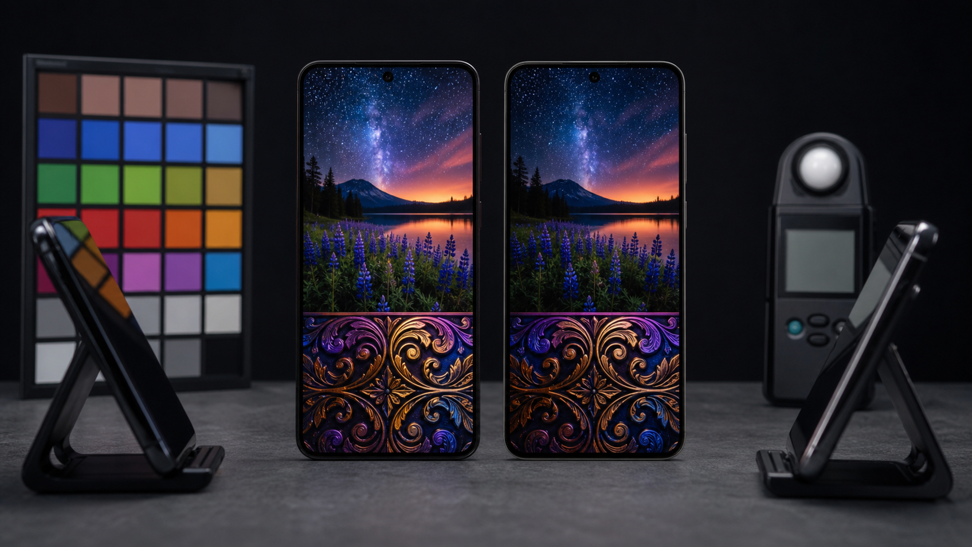 Two premium phone displays showing identical colour gradients, dark scenes and scrolling text under controlled light