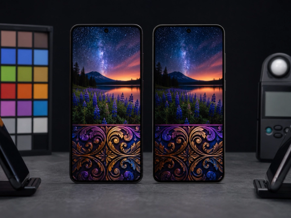 Two premium phone displays showing identical colour gradients, dark scenes and scrolling text under controlled light
