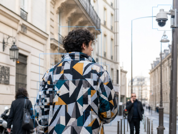 Person in a patterned jacket walking past a visible street camera with detection boxes breaking around the fabric