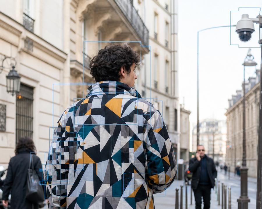 Person in a patterned jacket walking past a visible street camera with detection boxes breaking around the fabric
