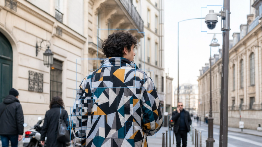Person in a patterned jacket walking past a visible street camera with detection boxes breaking around the fabric