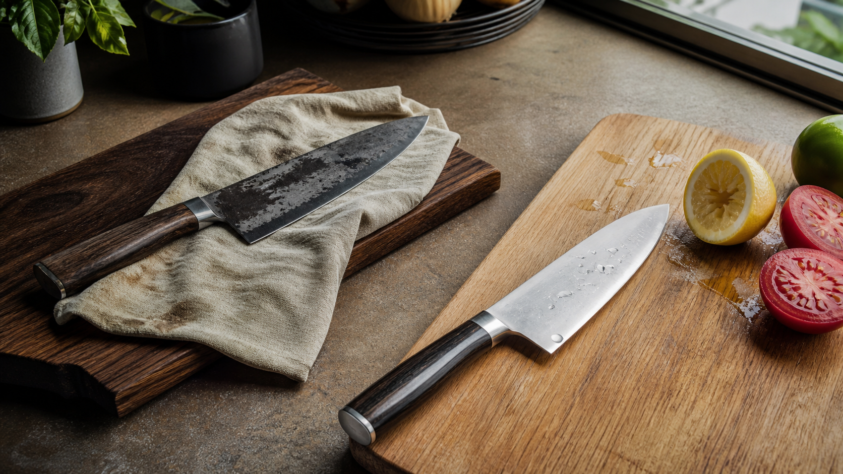 Carbon Steel vs Stainless Steel Knife shown in a practical side-by-side comparison