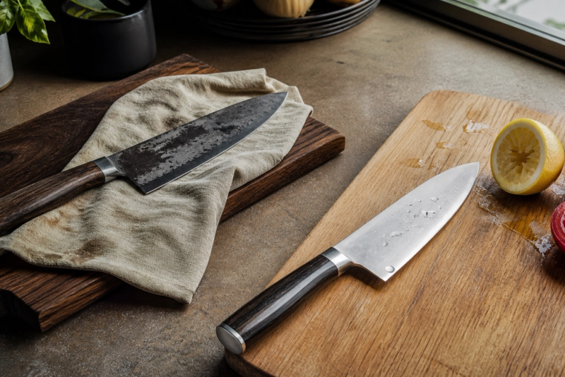 Carbon Steel vs Stainless Steel Knife shown in a practical side-by-side comparison