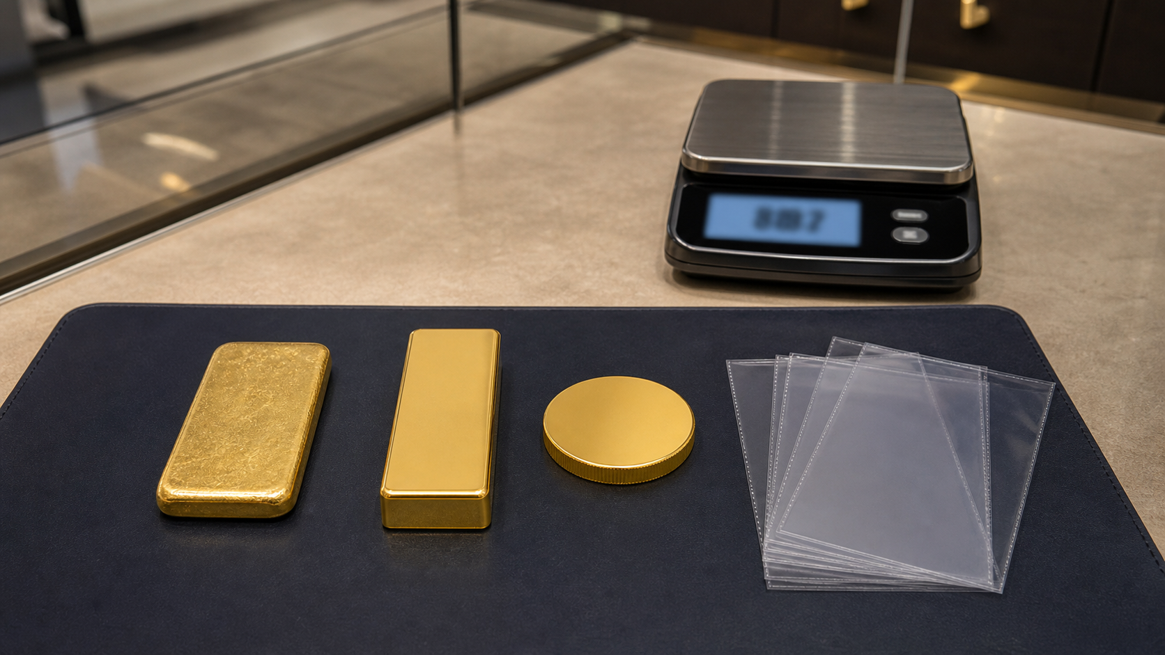 Minted bar, cast bar and bullion coin compared at a Singapore counter