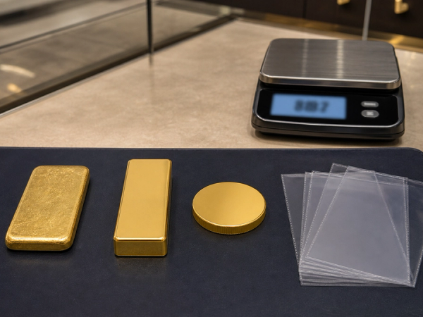 Minted bar, cast bar and bullion coin compared at a Singapore counter
