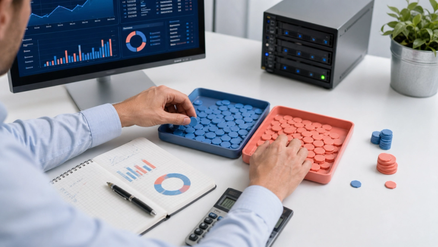 Operations team comparing Gemini API token volumes and monthly cost scenarios on a large budgeting screen
