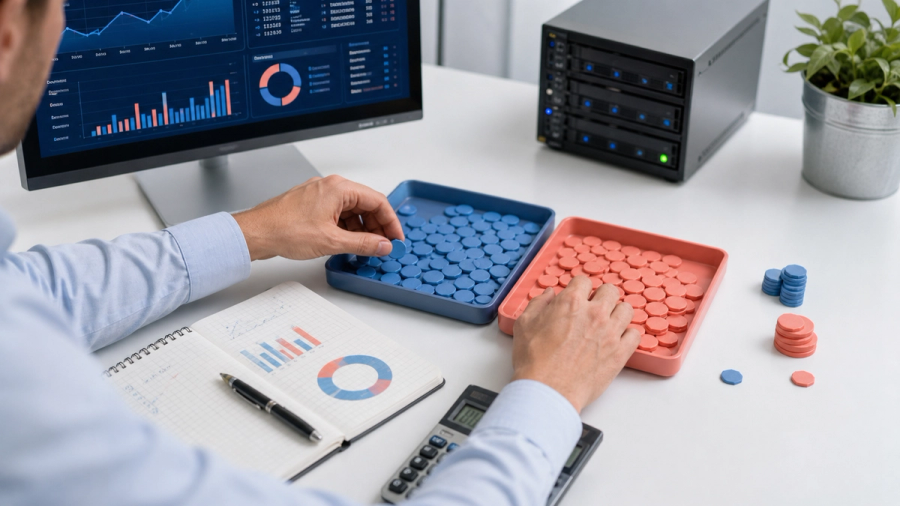 Operations team comparing Gemini API token volumes and monthly cost scenarios on a large budgeting screen