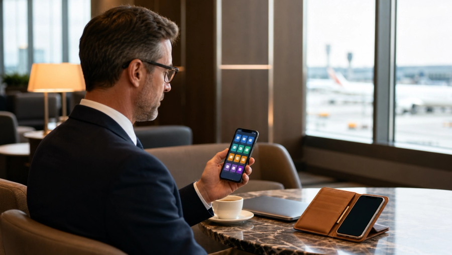 Business traveller comparing one managed phone with a separate personal phone