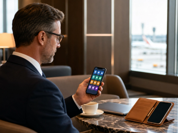Business traveller comparing one managed phone with a separate personal phone