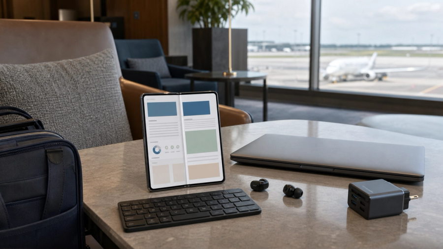 A premium foldable phone used for documents and travel planning beside a closed laptop in a carry-on bag without showing a false product configuration