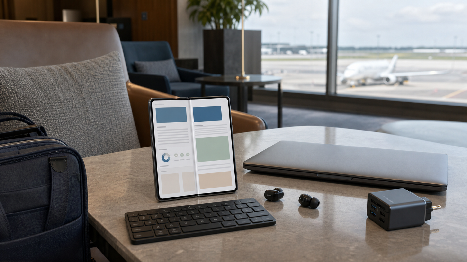 A premium foldable phone used for documents and travel planning beside a closed laptop in a carry-on bag without showing a false product configuration