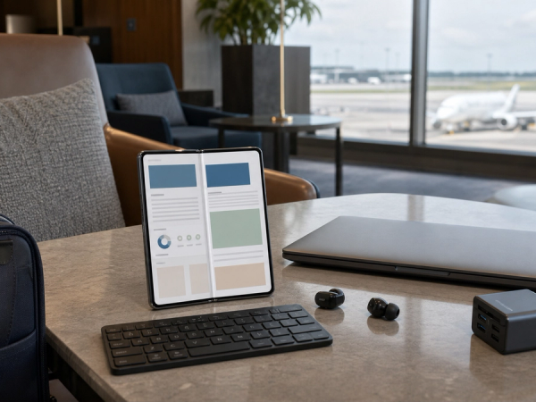 A premium foldable phone used for documents and travel planning beside a closed laptop in a carry-on bag without showing a false product configuration
