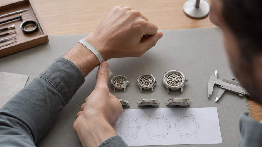 A collector measuring wrist width while comparing three unbranded watch cases with different diameters and lug lengths on a neutral work surface