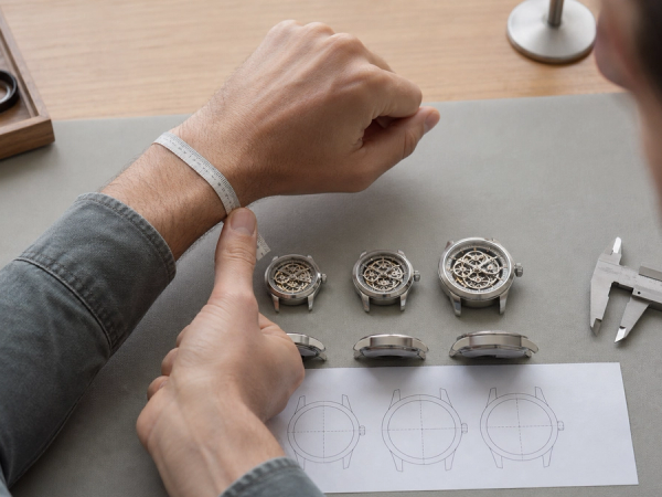 A collector measuring wrist width while comparing three unbranded watch cases with different diameters and lug lengths on a neutral work surface