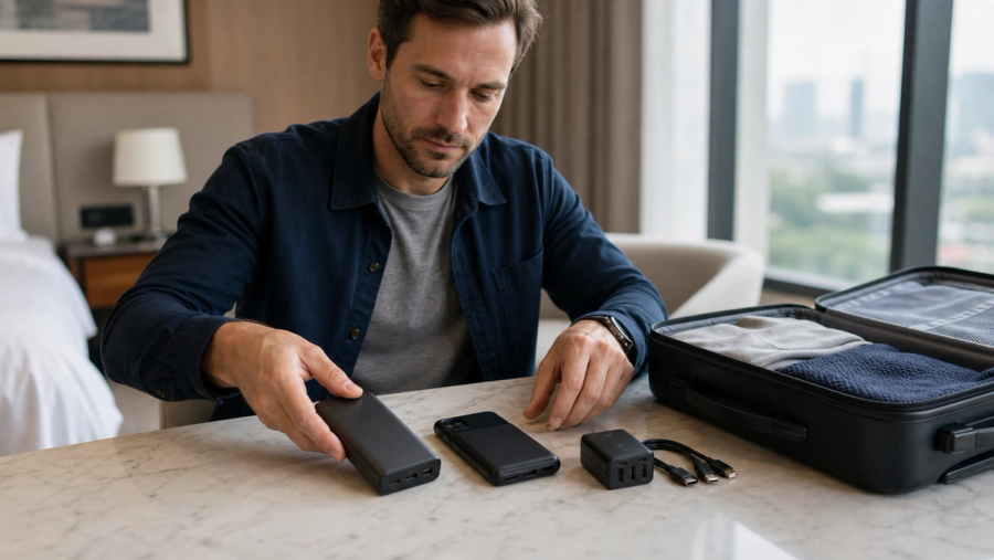 Traveller arranging a power bank, phone battery case and compact wall charger beside carry-on luggage