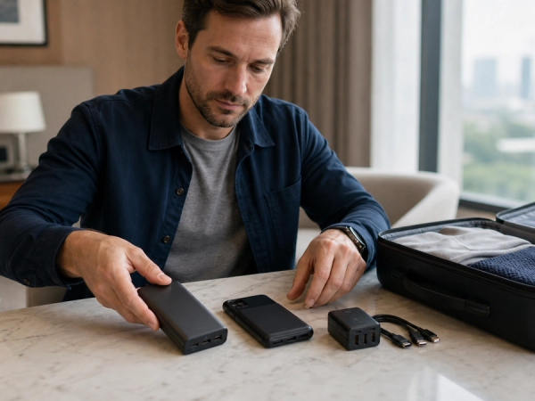 Traveller arranging a power bank, phone battery case and compact wall charger beside carry-on luggage