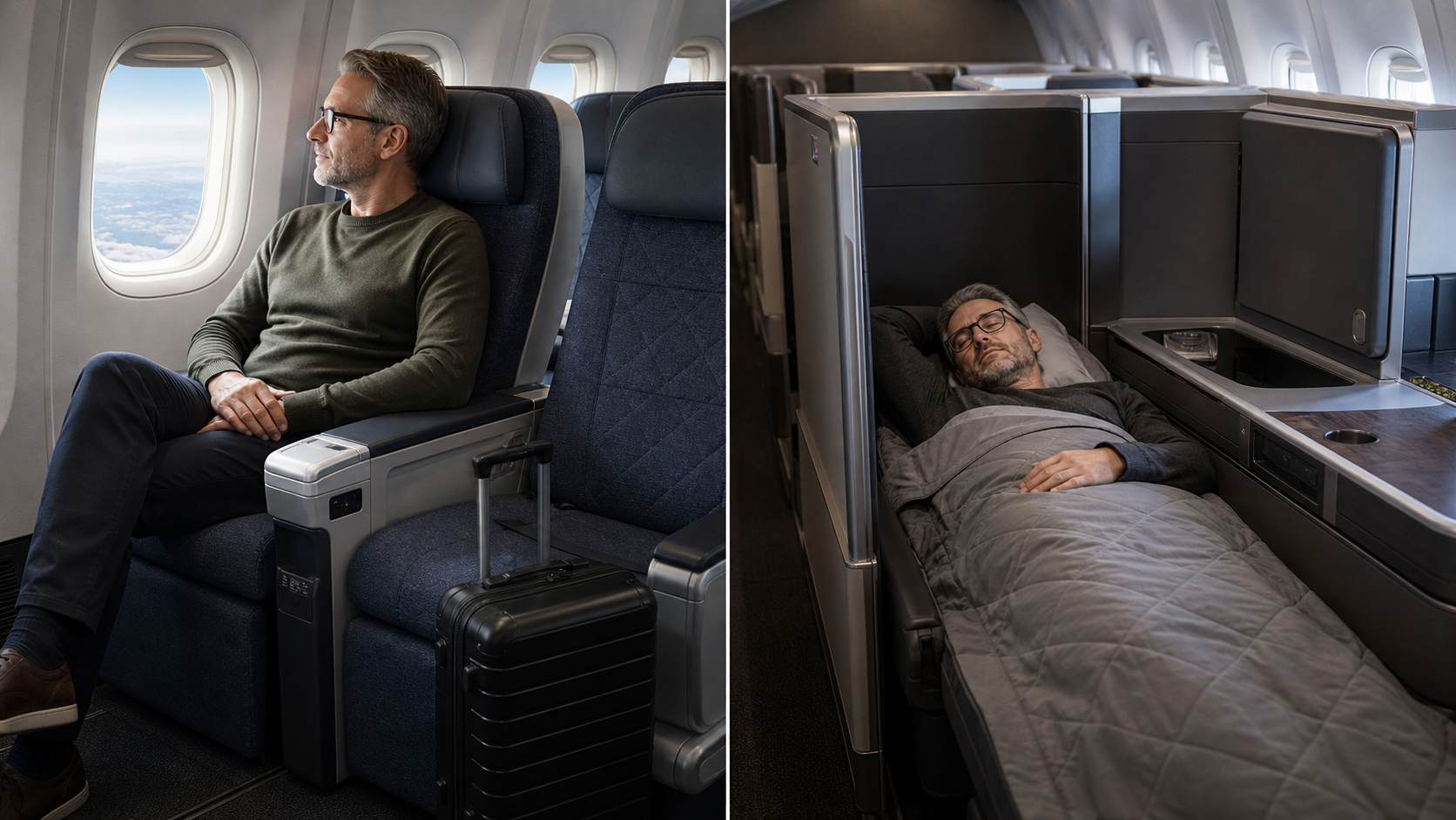 Japanese long-haul premium recliner and private lie-flat suite compared in a calm aircraft cabin