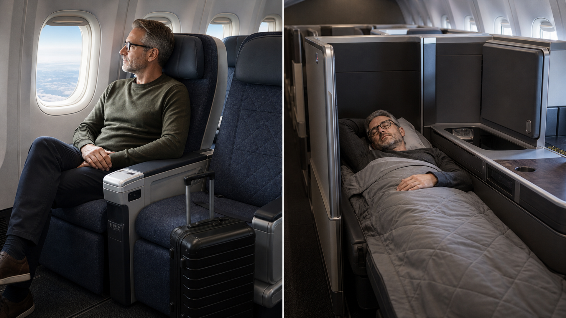 Japanese long-haul premium recliner and private lie-flat suite compared in a calm aircraft cabin