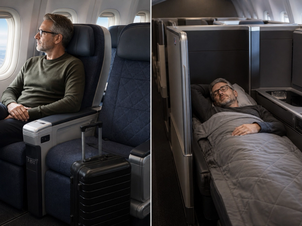 Japanese long-haul premium recliner and private lie-flat suite compared in a calm aircraft cabin