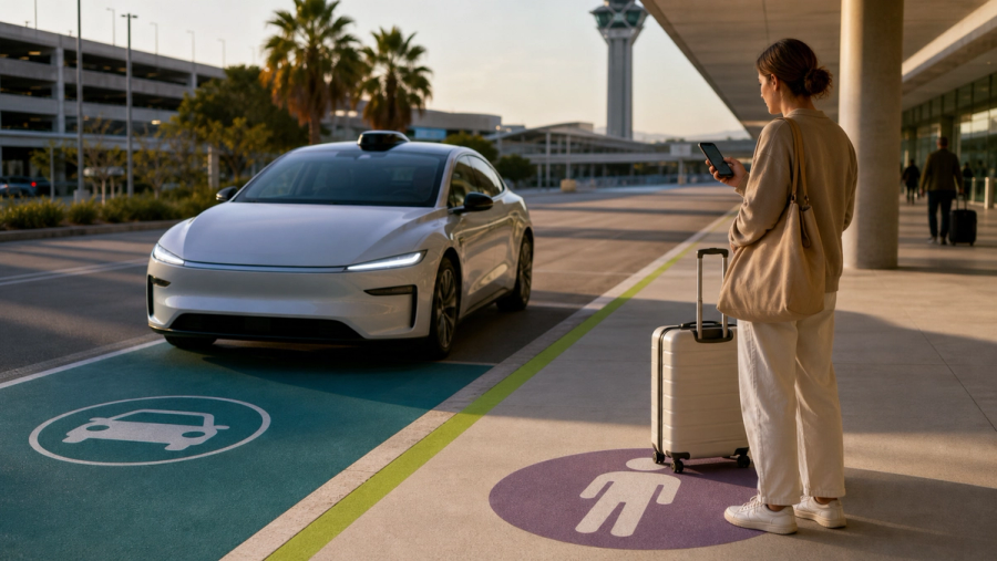 A passenger approaching an unbranded autonomous electric taxi at a clearly marked pickup zone in a modern US city