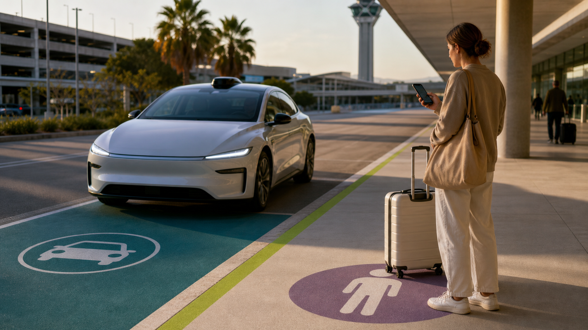 A passenger approaching an unbranded autonomous electric taxi at a clearly marked pickup zone in a modern US city