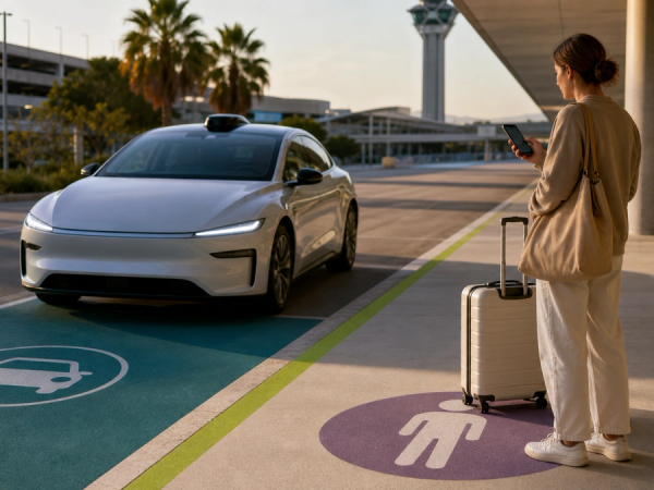 A passenger approaching an unbranded autonomous electric taxi at a clearly marked pickup zone in a modern US city