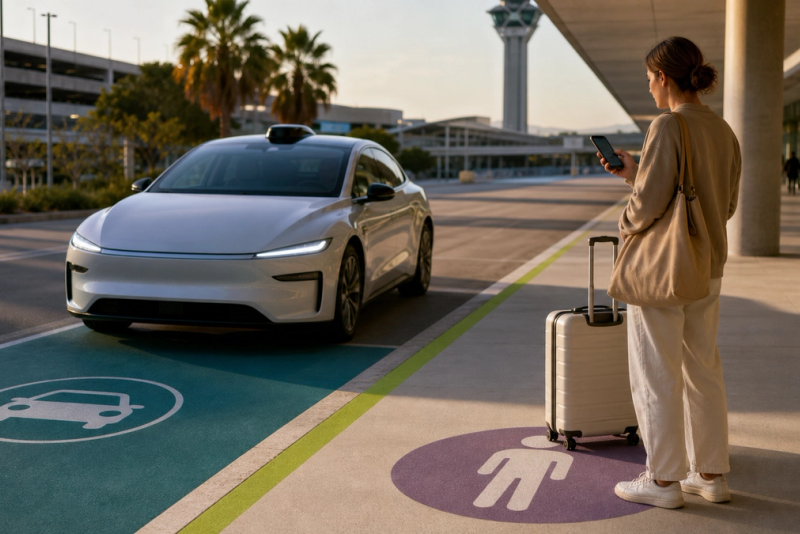 A passenger approaching an unbranded autonomous electric taxi at a clearly marked pickup zone in a modern US city