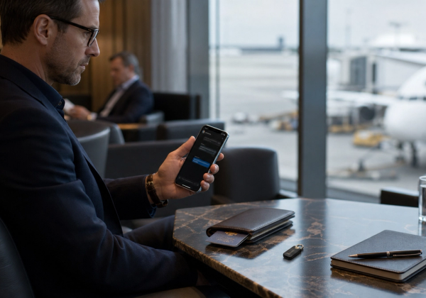 Executive using a privacy-focused phone with a hardware security key while travelling