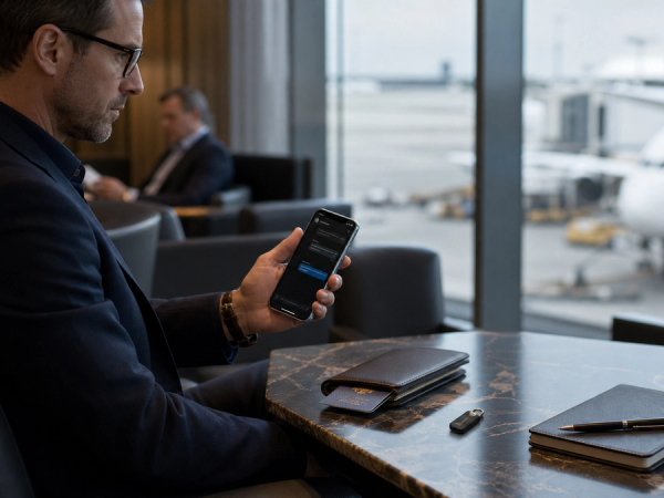 Executive using a privacy-focused phone with a hardware security key while travelling