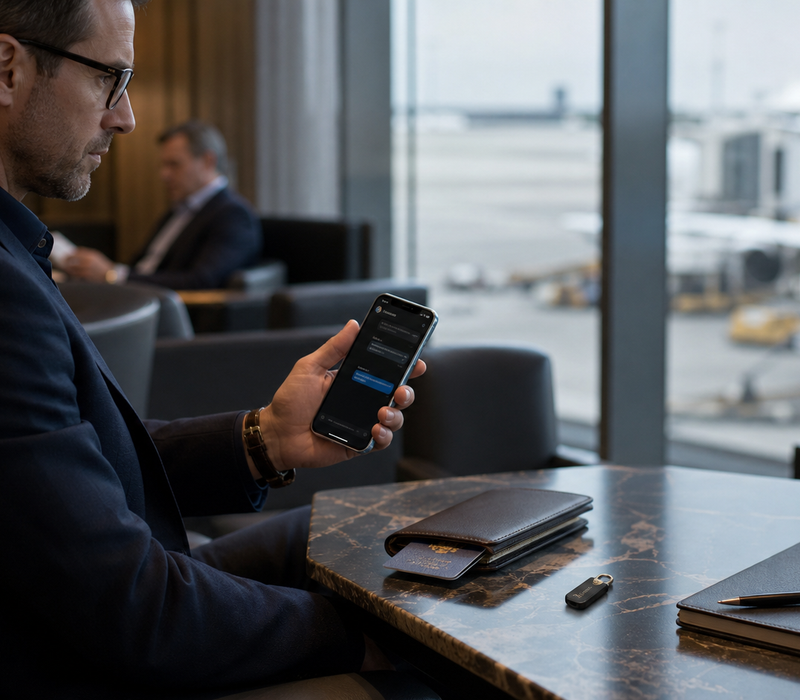 Executive using a privacy-focused phone with a hardware security key while travelling