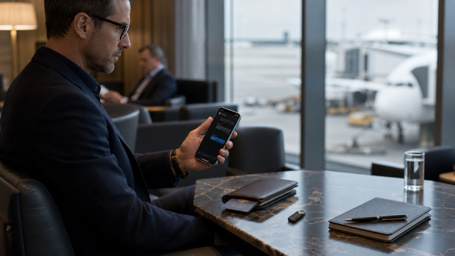 Executive using a privacy-focused phone with a hardware security key while travelling