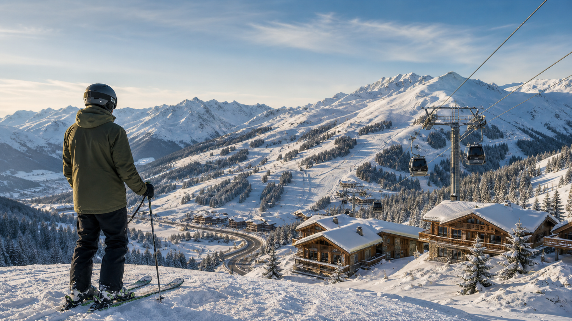 Skier overlooking an Alpine resort, gondola, chalets and access road