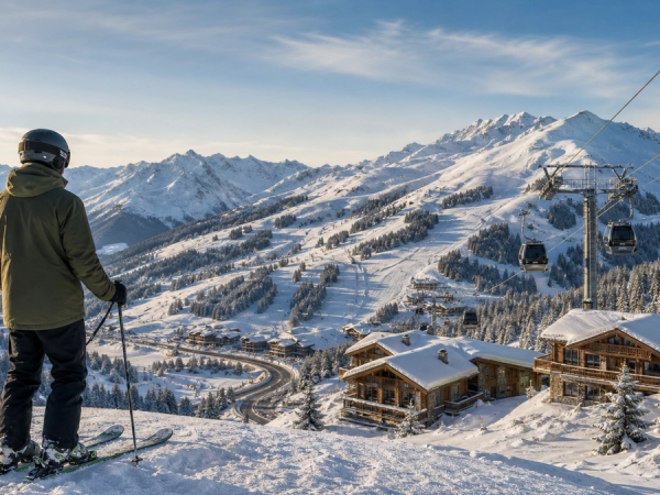 Skier overlooking an Alpine resort, gondola, chalets and access road
