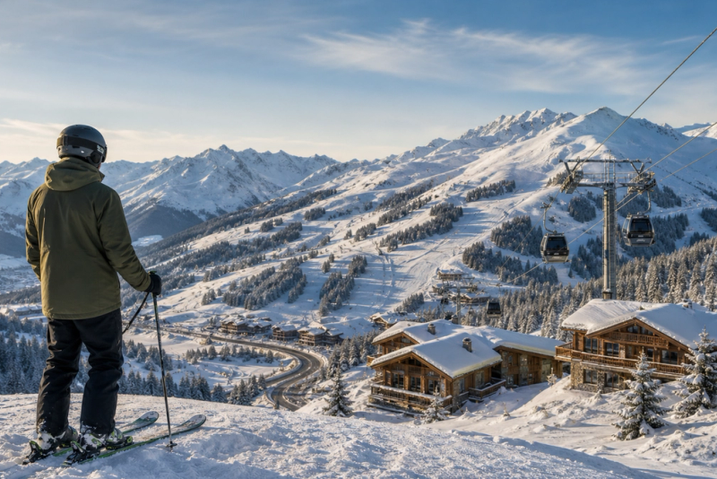 Skier overlooking an Alpine resort, gondola, chalets and access road