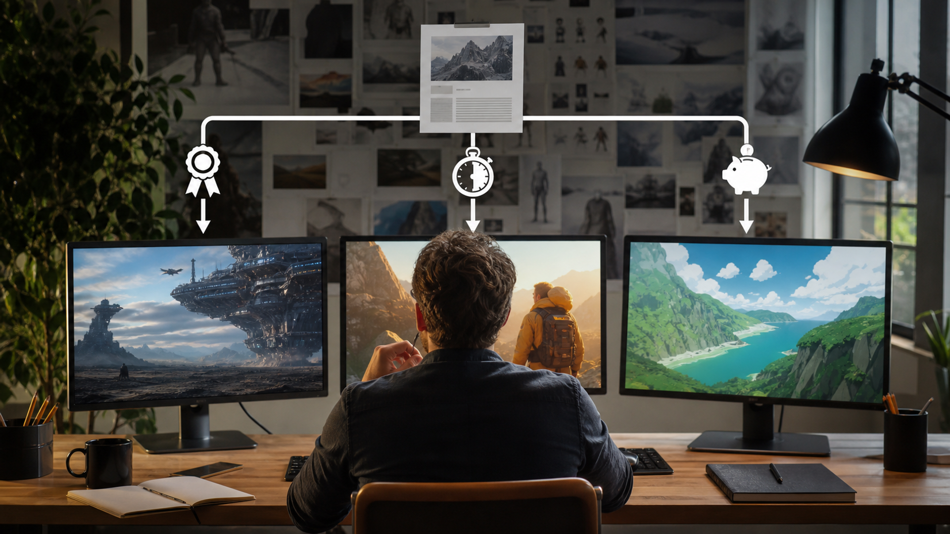 A creative director comparing several AI-generated video options on a multi-screen production desk with a clear routing workflow