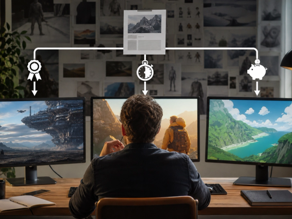 A creative director comparing several AI-generated video options on a multi-screen production desk with a clear routing workflow