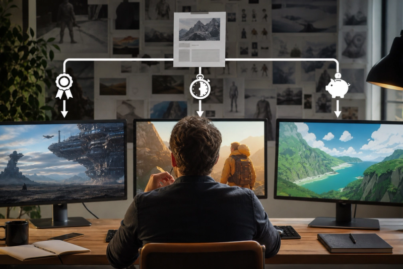 A creative director comparing several AI-generated video options on a multi-screen production desk with a clear routing workflow