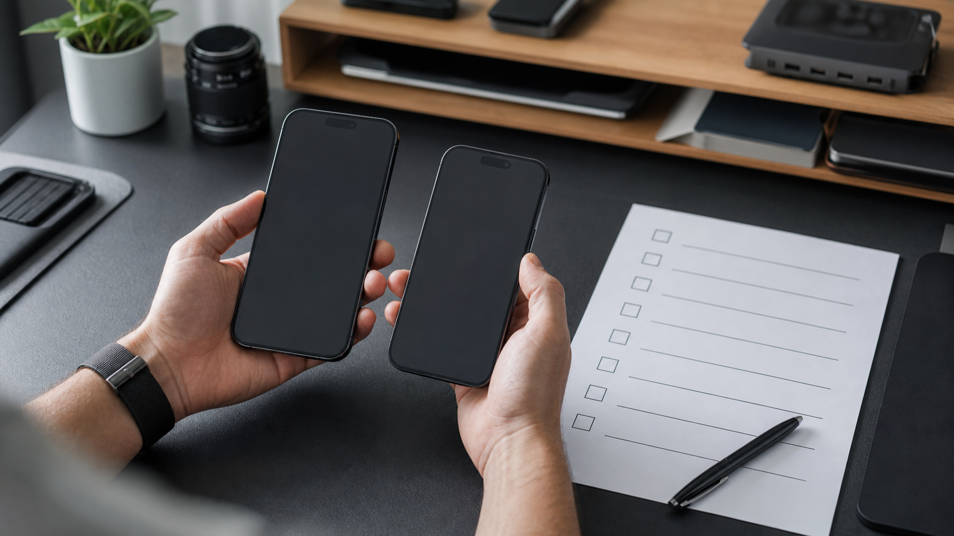 An iPhone owner comparing a primary phone and spare test phone beside a backup checklist