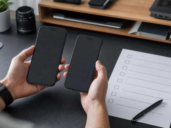 An iPhone owner comparing a primary phone and spare test phone beside a backup checklist