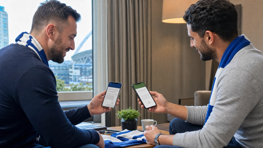 Two football supporters reviewing a secure ticket handover on separate smartphones before matchday