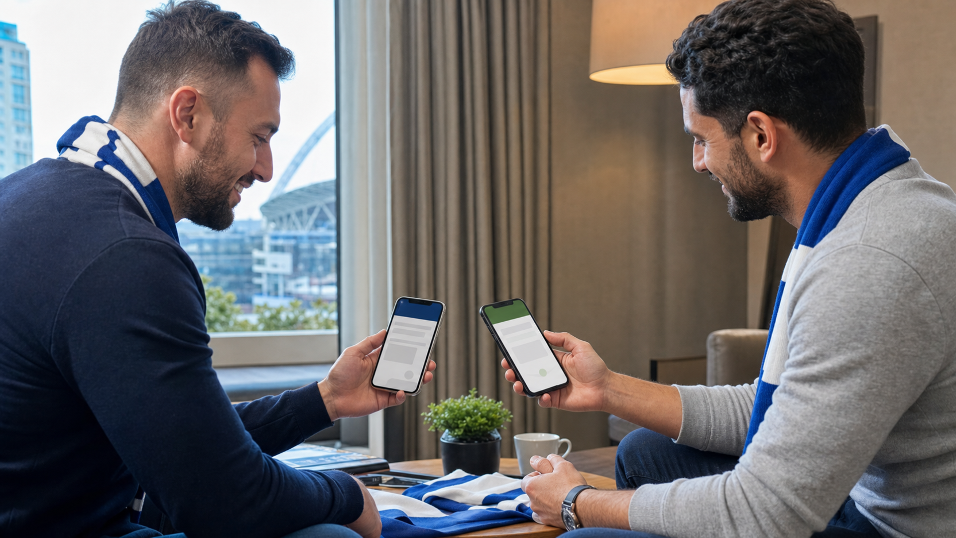Two football supporters reviewing a secure ticket handover on separate smartphones before matchday