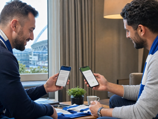 Two football supporters reviewing a secure ticket handover on separate smartphones before matchday