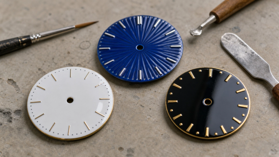 Three unbranded artisan watch dial specimens in cobalt porcelain, white enamel and black urushi lacquer under inspection light.