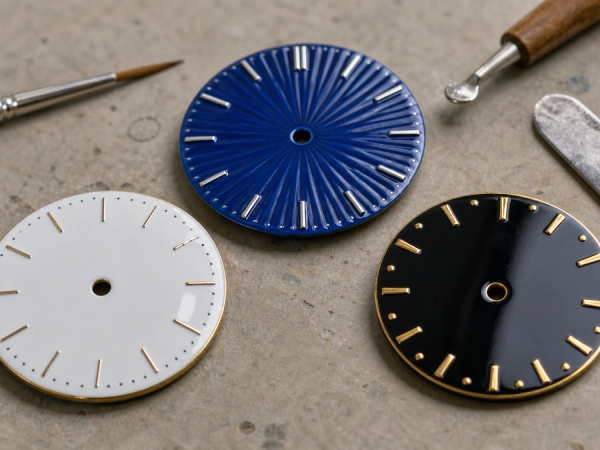 Three unbranded artisan watch dial specimens in cobalt porcelain, white enamel and black urushi lacquer under inspection light.