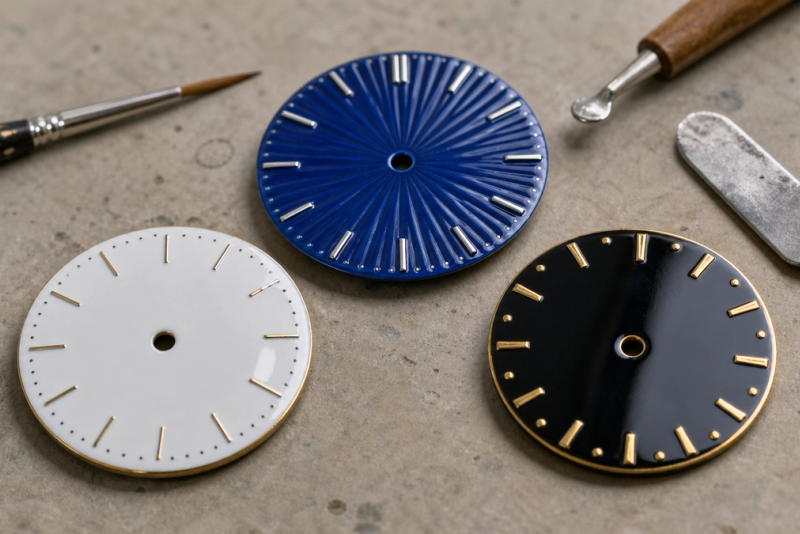 Three unbranded artisan watch dial specimens in cobalt porcelain, white enamel and black urushi lacquer under inspection light.