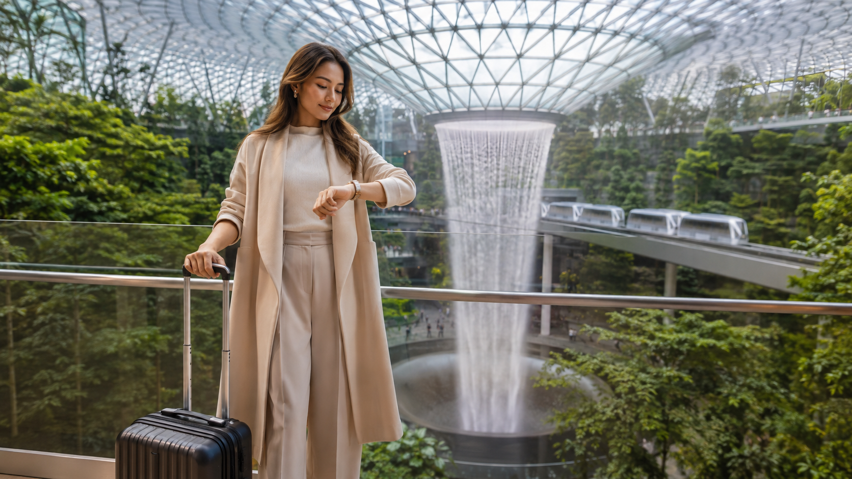 Premium transit traveller planning usable time beside Jewel Changi's indoor waterfall