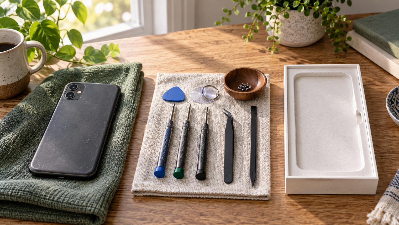 AI editorial illustration of a worn unbranded phone, repair tools and an empty replacement-phone tray.