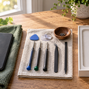 AI editorial illustration of a worn unbranded phone, repair tools and an empty replacement-phone tray.